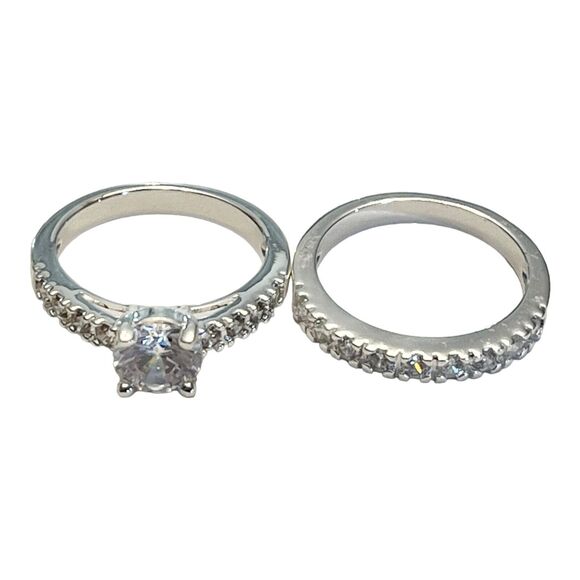 Solitaire Engagement Wedding Ring Set 2 Cz Solitaire Eternity Band Silver Size 5 - Picture 7 of 9